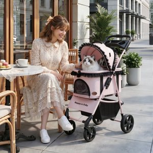 Happy & Polly Luxury Foldable Stroller with Shock-Absorbing Wheels for Small Dogs & Cats, Pink