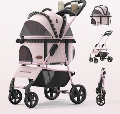 Happy & Polly Luxury Foldable Stroller with Shock-Absorbing Wheels for Small Dogs & Cats, Pink