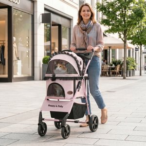 Happy & Polly Luxury Foldable Stroller with Shock-Absorbing Wheels for Small Dogs & Cats, Pink