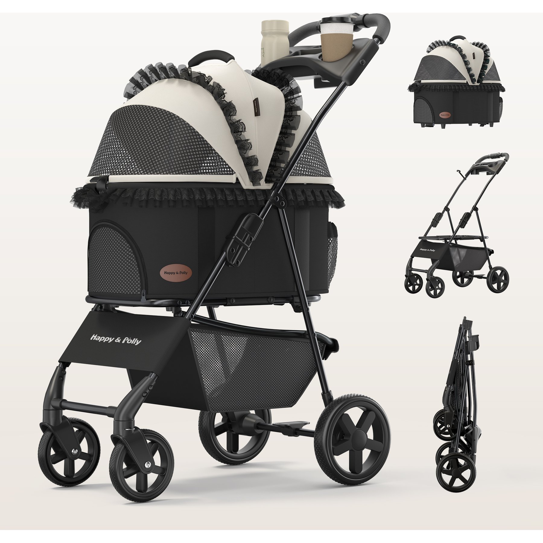 Happy & Polly Luxury Foldable Stroller with Shock-Absorbing Wheels for Small Dogs & Cats, Khaki