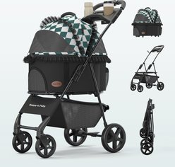 Happy & Polly Luxury Foldable Stroller with Shock-Absorbing Wheels for Small Dogs & Cats, Green