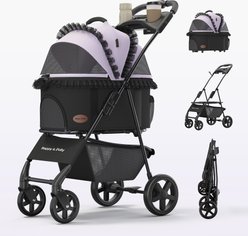 Happy & Polly Luxury Foldable Stroller with Shock-Absorbing Wheels for Small Dogs & Cats, Purple