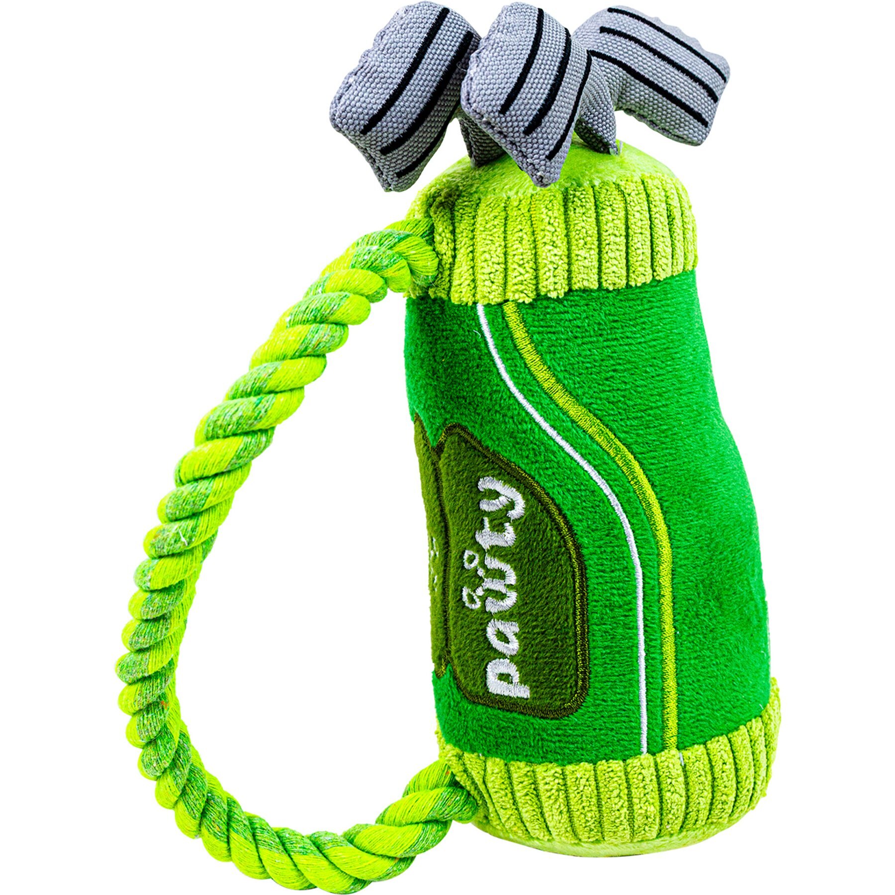 PAWTY TOYS Interactive Golf Bag with Tug Rope Squeaky Plush Dog Toy, Green, Small/Medium