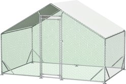 Thanaddo Metal Walk-In A-Frame Poultry Cage Chicken Coop with Waterproof & Anti-UV Cover, Silver, 11.3 x 6.3 x 6.5-ft