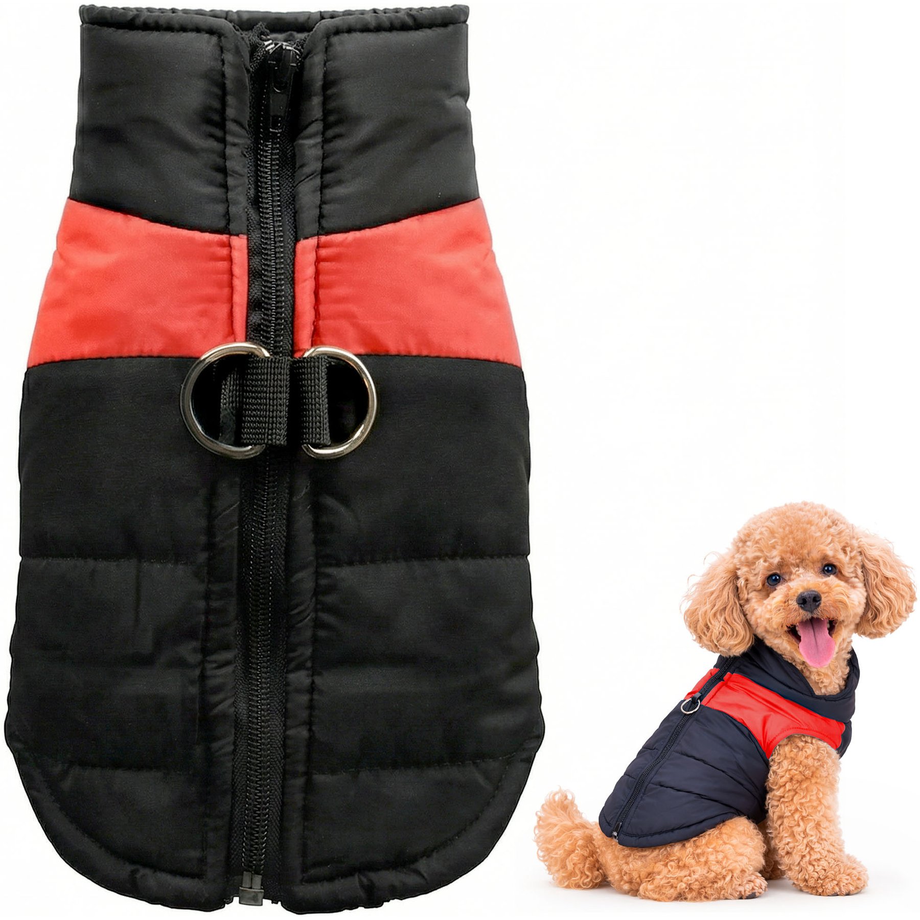 Nestologi Water-Resistant Insulated Windproof Dog Coat, Red & Black, Medium