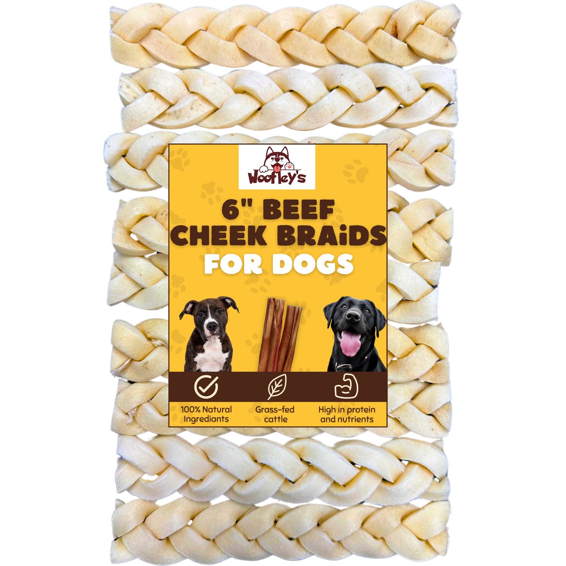 Woofleys 6-in Buffalo Beef Cheek Braids Dog Natural Chew Treats, 25 count