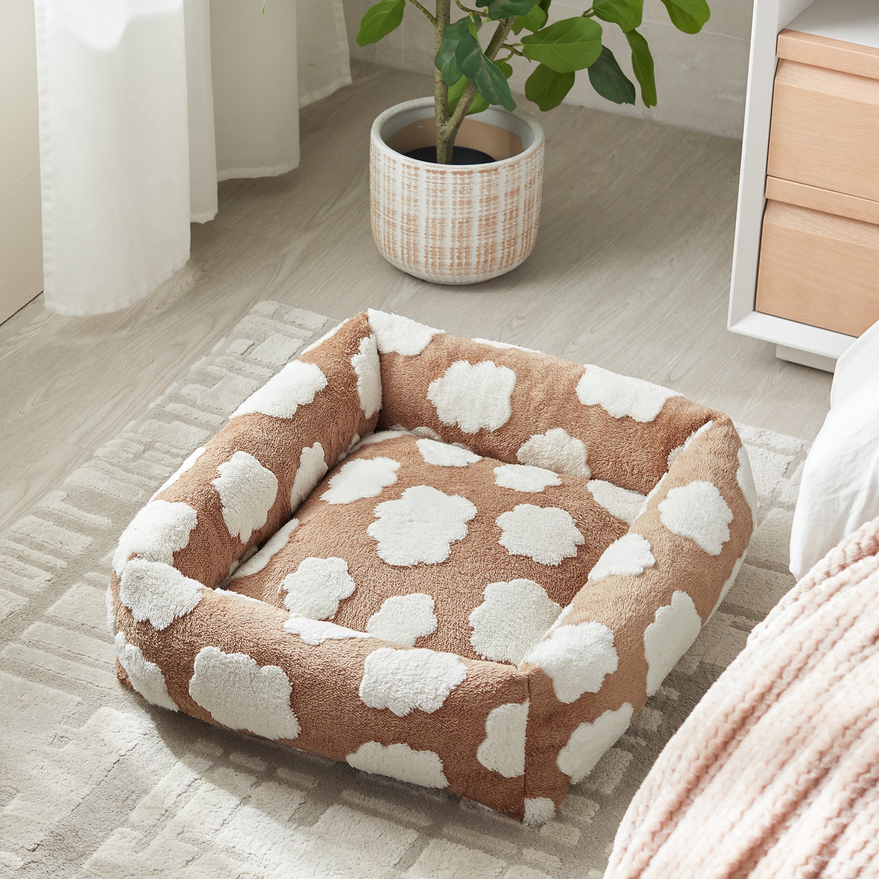 MIXJOY Jacquard Non-Slip Base Raised Support Design Removable Cover Bolster Cuddler Dog & Cat Bed, Brown, Small