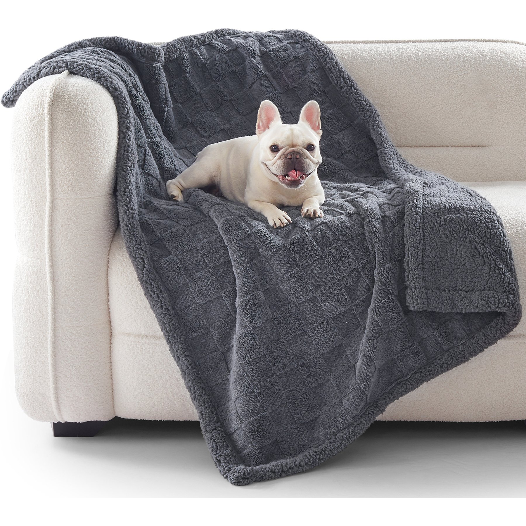 MIXJOY Checkered Pattern Fluffy Waterproof Machine washable Dog & Cat Blanket, Light Gray, Medium