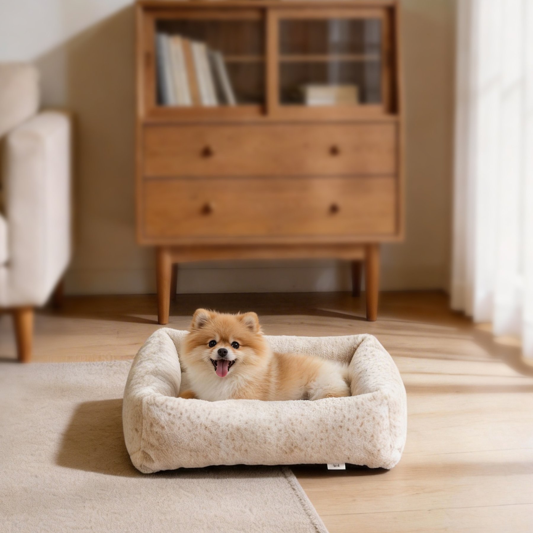 MIXJOY Thickened Rabbit Fur Removable Cover Plush Bolster Cuddler Dog & Cat Bed, White, Small
