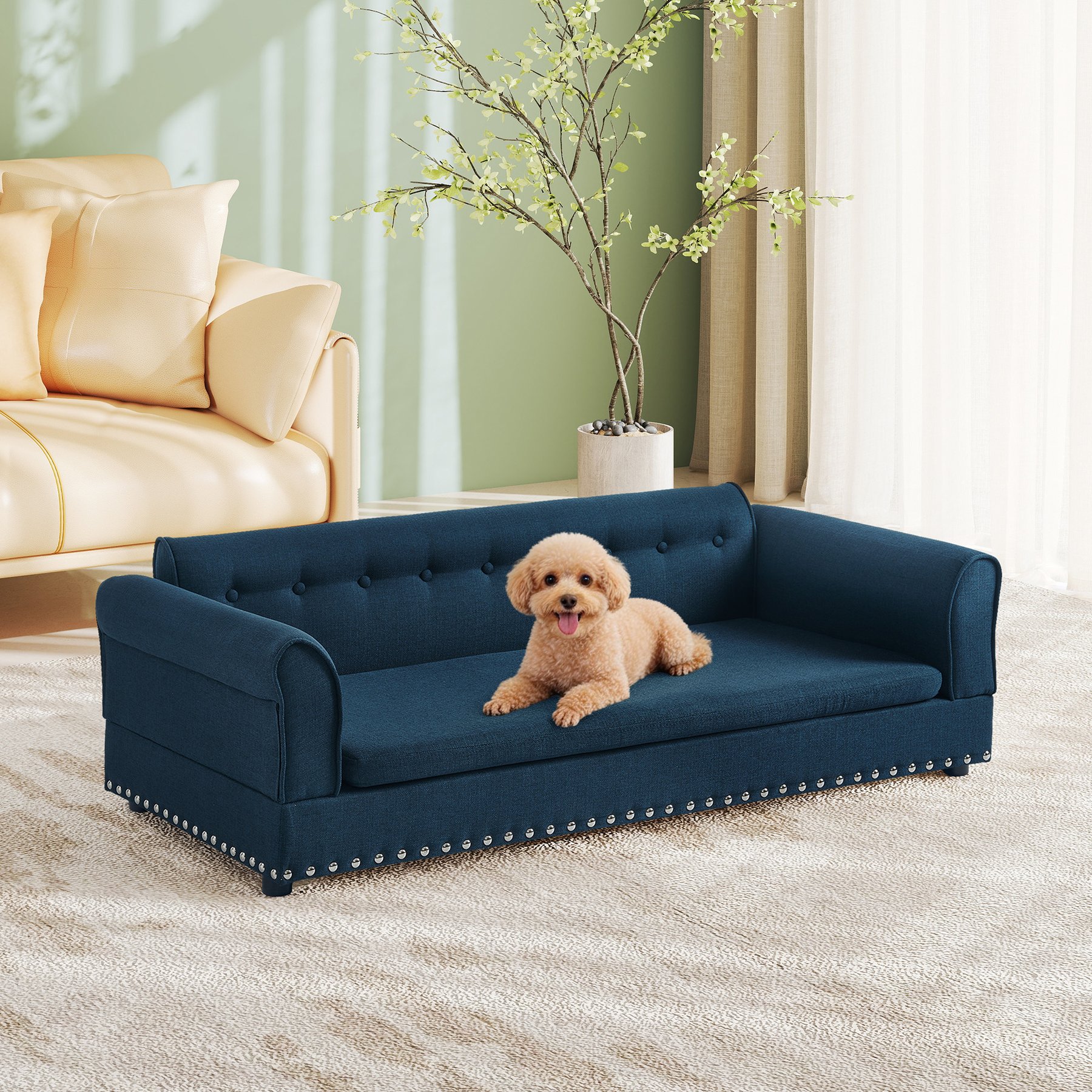 Yafylly Elegant Modern Linen Fabric Elevated Dog Sofa Bed, Blue