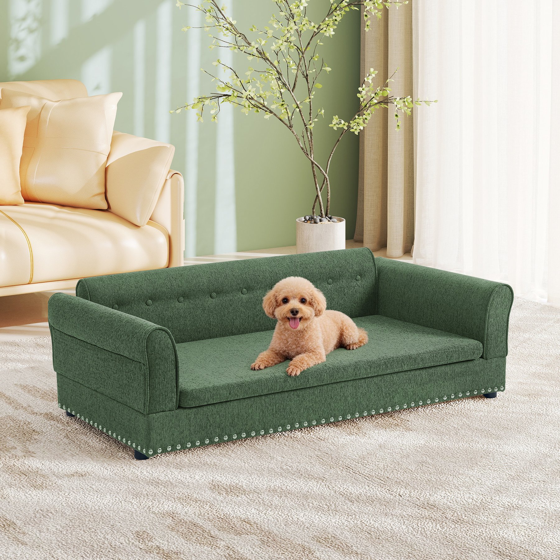 Yafylly Elegant Modern Linen Fabric Elevated Dog Sofa Bed, Green