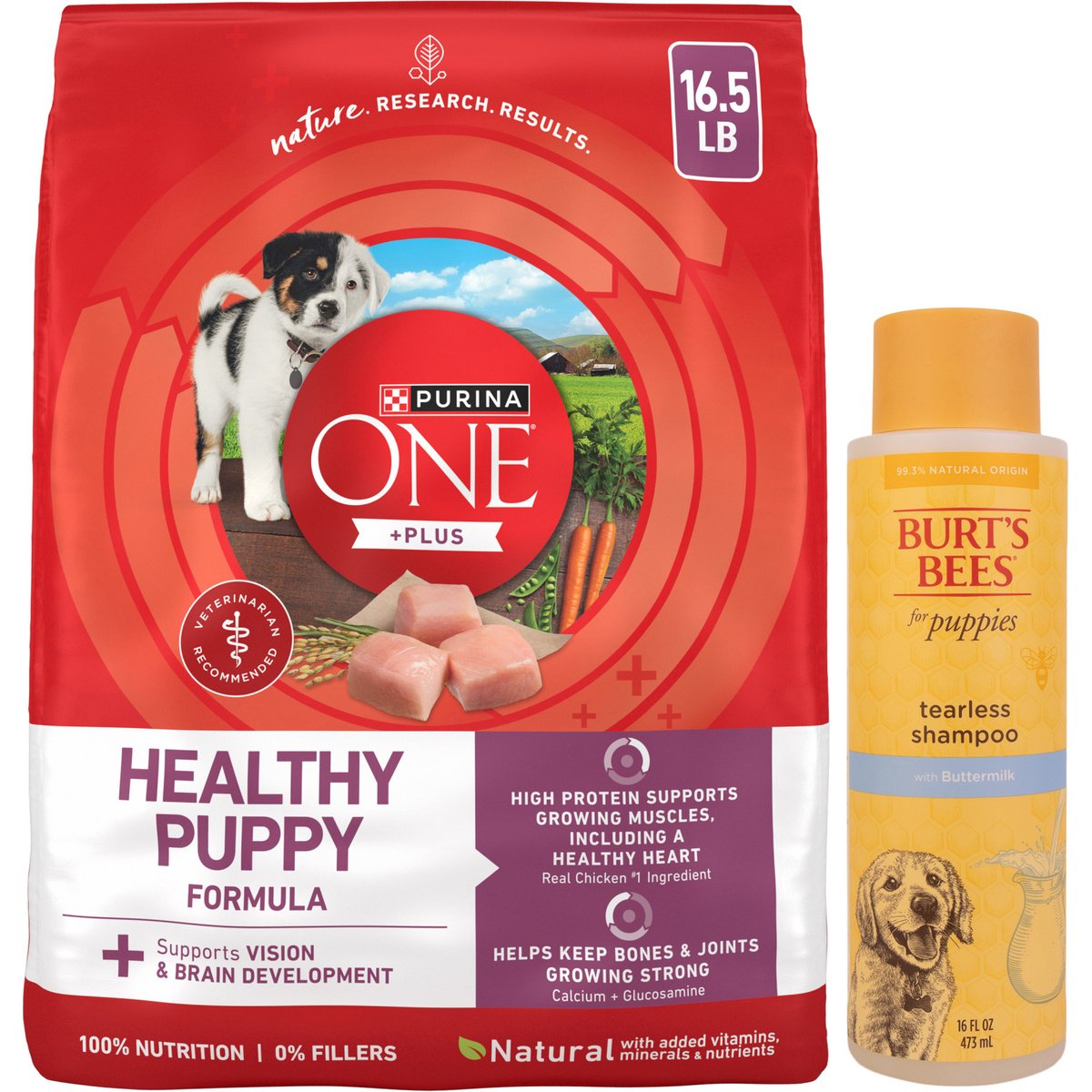 Purina ONE SmartBlend Healthy Puppy Formula Dry Dog Food + Burt's Bees Tearless Puppy Shampoo with Buttermilk