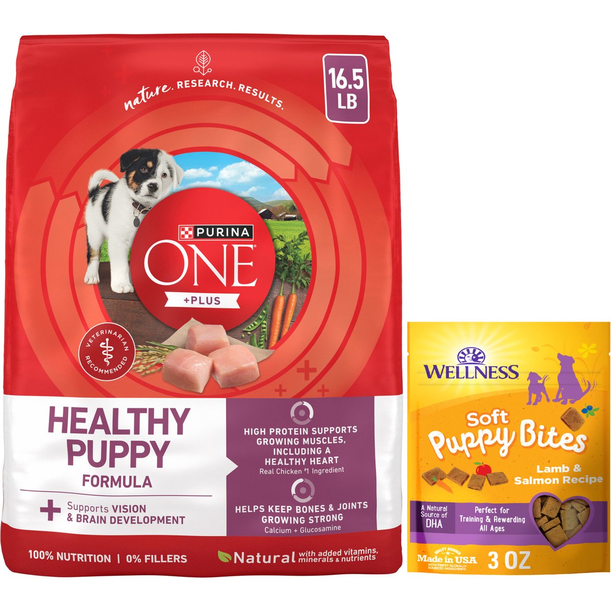 Purina ONE SmartBlend Healthy Puppy Formula Dry Food + Wellness Soft Puppy Bites Lamb & Salmon Recipe Grain-Free Dog Treats