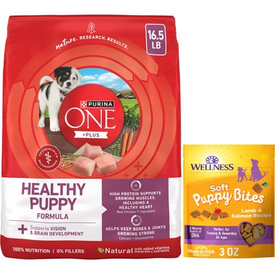 Purina ONE Purina ONE SmartBlend Healthy Puppy Formula Dry Food + Wellness Soft Puppy Bites Lamb & Salmon Recipe Grain-Free Dog Treats