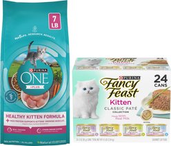 Fancy Feast Tender Feast Canned Food + Purina ONE Healthy Kitten Formula Dry Cat Food, 7-lb bag