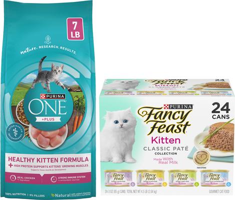 Fancy Feast Kitten Classic Pate Tender Poultry & Fish Variety Pack Canned Wet Cat Food & Purina ONE +Plus Healthy Kitten Muscle Vision & Brain Development Natural Dry Cat Food