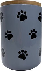 Signature Housewares All Over Paw Canister Ceramic Cat Treat Jar, Small, Gray