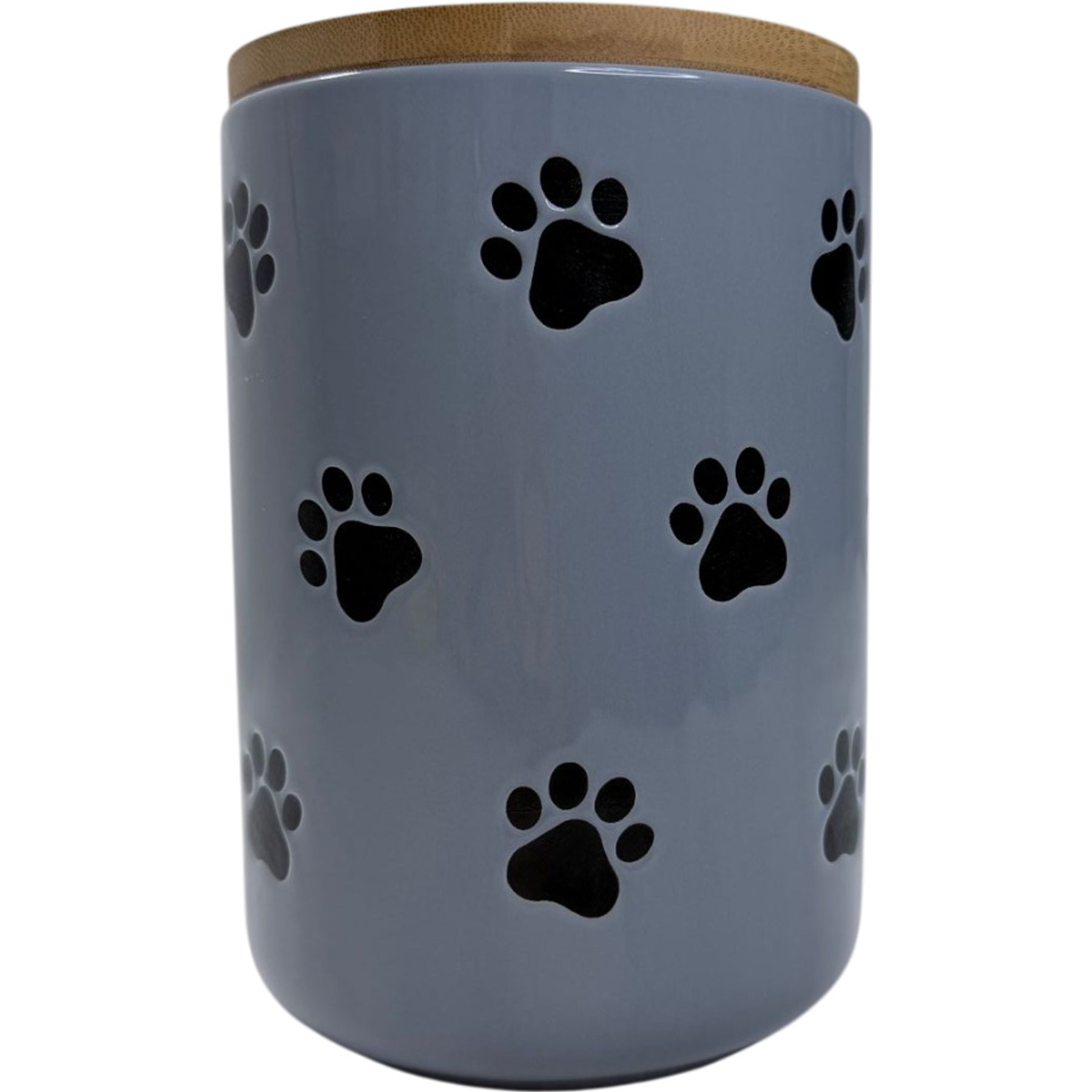 Signature Housewares All Over Paw Canister Ceramic Cat Treat Jar, Small, Gray