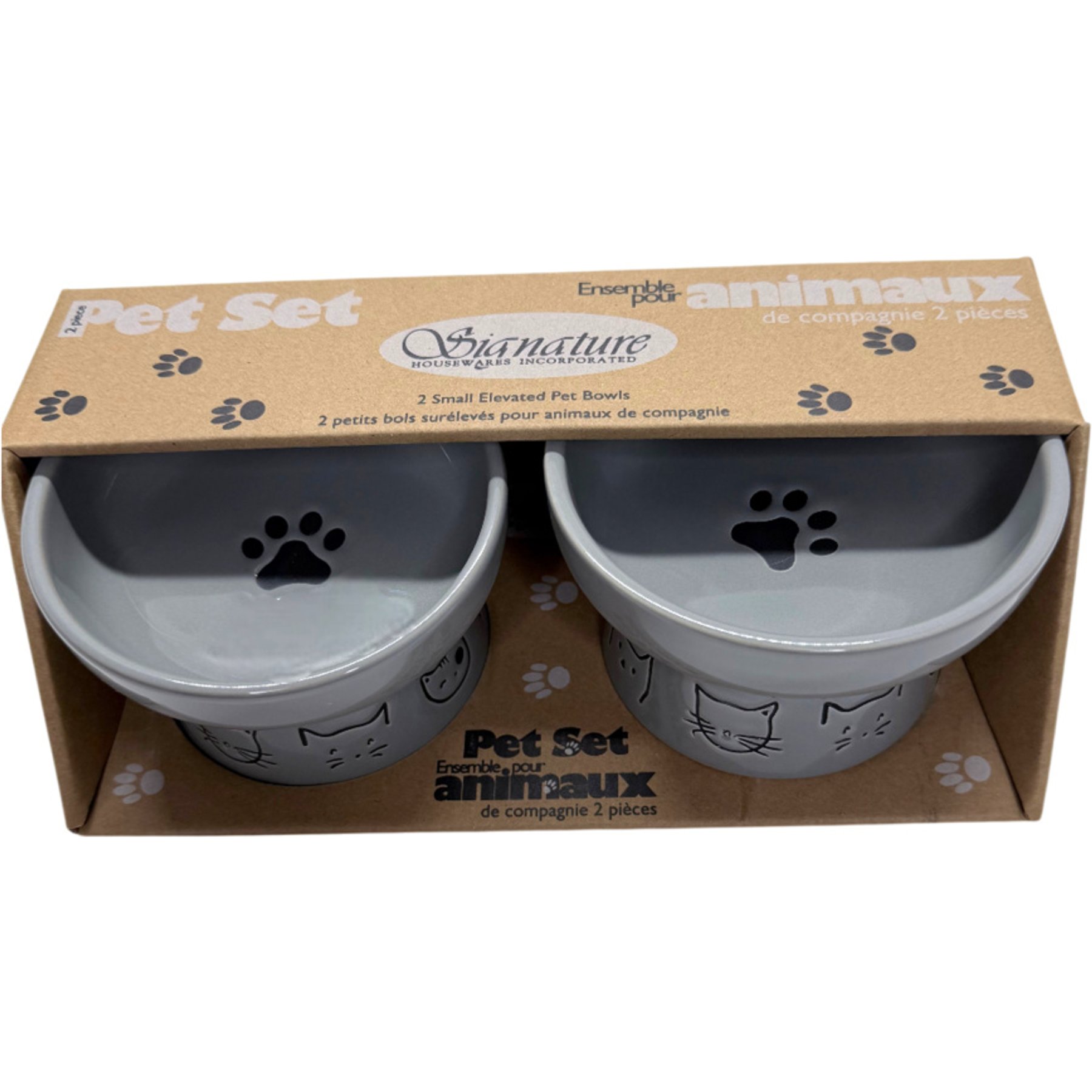 Signature Housewares Cat Face 4-in Two Elevated Ceramic Cat Bowls, Small, Gray