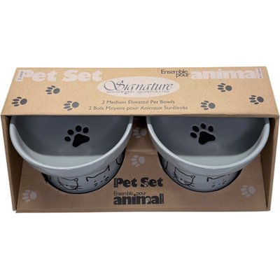 Signature Housewares Signature Housewares Cat Face 5.5-in Two Elevated Ceramic Cat Bowls, Medium, Gray