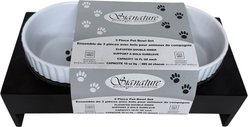 Signature Housewares Scallop/Paw 5.5-in Double Elevated Ceramic Dog Bowls with Stand, Black/White, Small