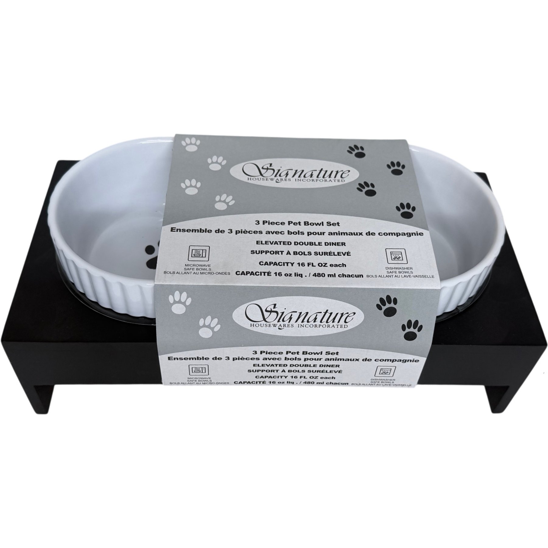 Signature Housewares Scallop/Paw 5.5-in Double Elevated Ceramic Dog Bowls with Stand, Black/White, Small