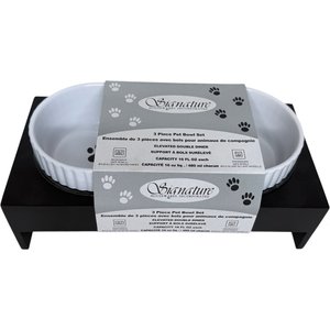 Signature Housewares Scallop/Paw 5.5-in Double Elevated Ceramic Dog Bowls with Stand, Black/White, Small