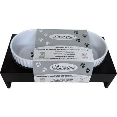 Signature Housewares Signature Housewares Scallop/Paw 5.5-in Double Elevated Ceramic Dog Bowls with Stand, Black/White, Small