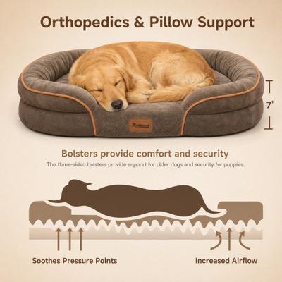 Show full view: Kylinsure Waterproof Orthopedic Bolster Dog & Cat Bed with Removable Cover, Brown, Medium slide 2 of 8