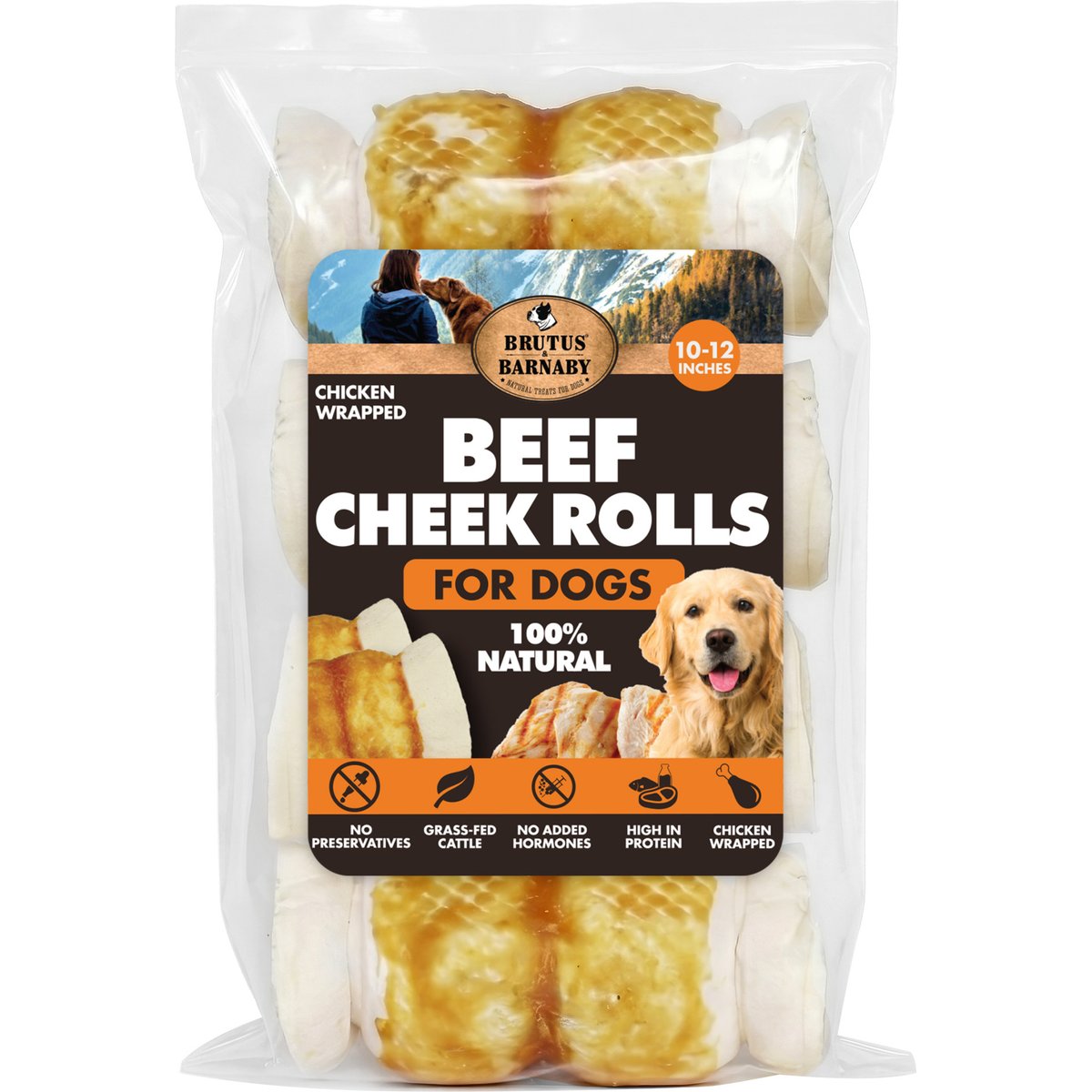 Brutus & Barnaby 10 to 12-in High Protein & Rawhide-Free Thick Chicken Wrapped & Beef Cheek Rolls Natural Dog Chew Treats, 4 count