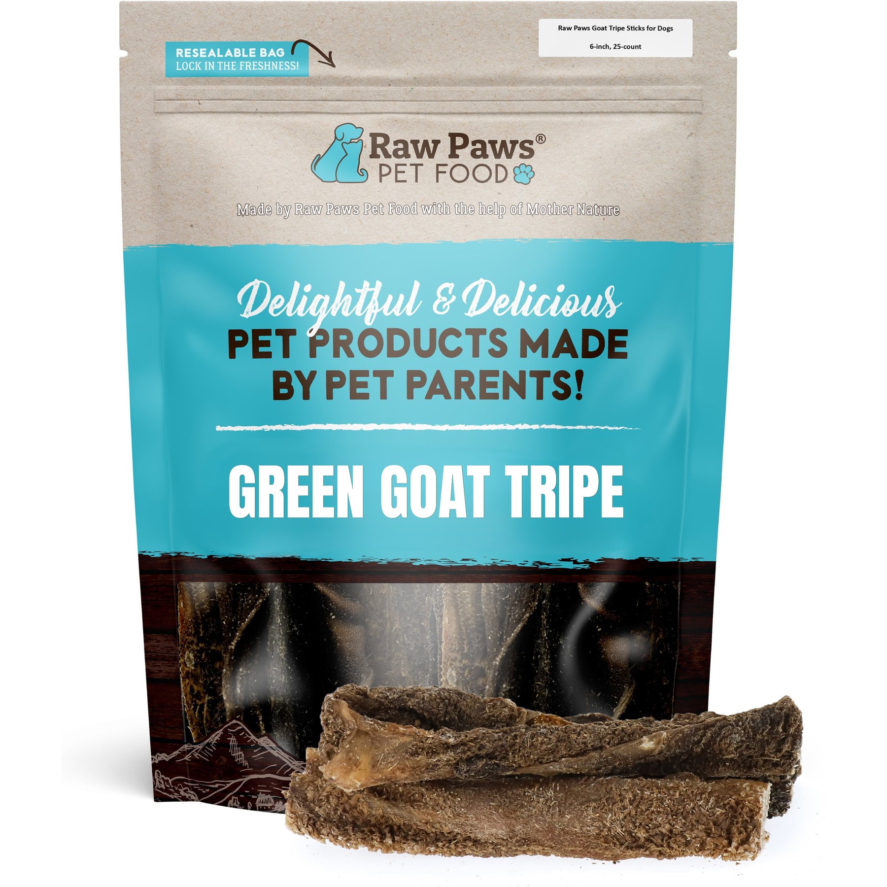 Raw Paws 6-inch Green Goat Tripe Stick Dog Treats, 25 count