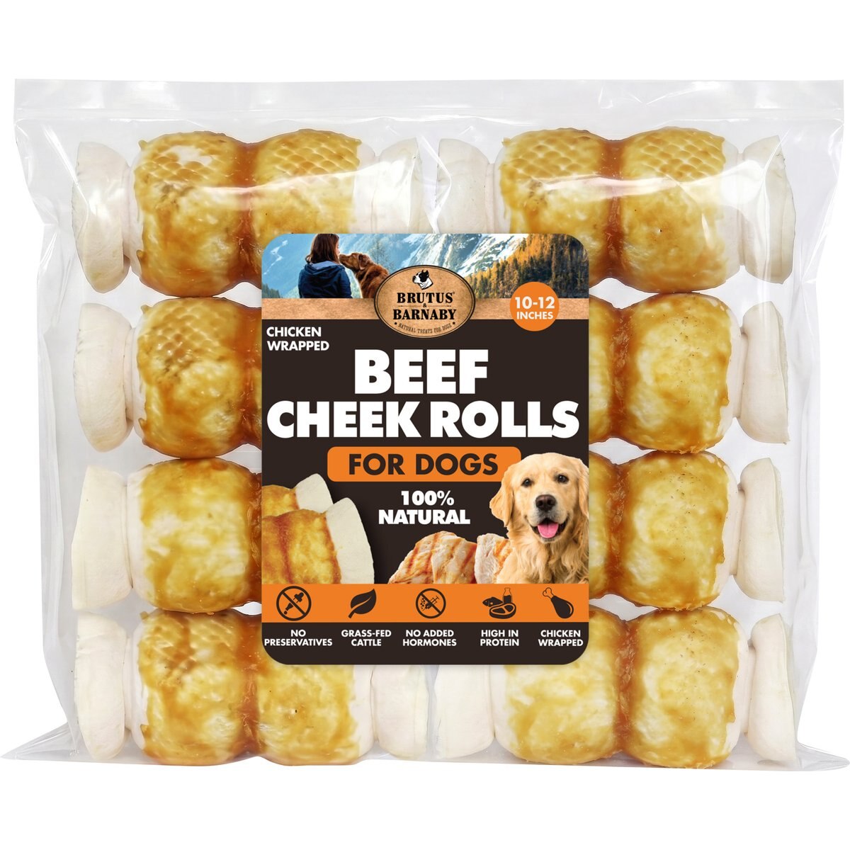 Brutus & Barnaby 10 to 12-in High Protein & Rawhide-Free Thick Chicken Wrapped & Beef Cheek Rolls Natural Dog Chew Treats, 8 count