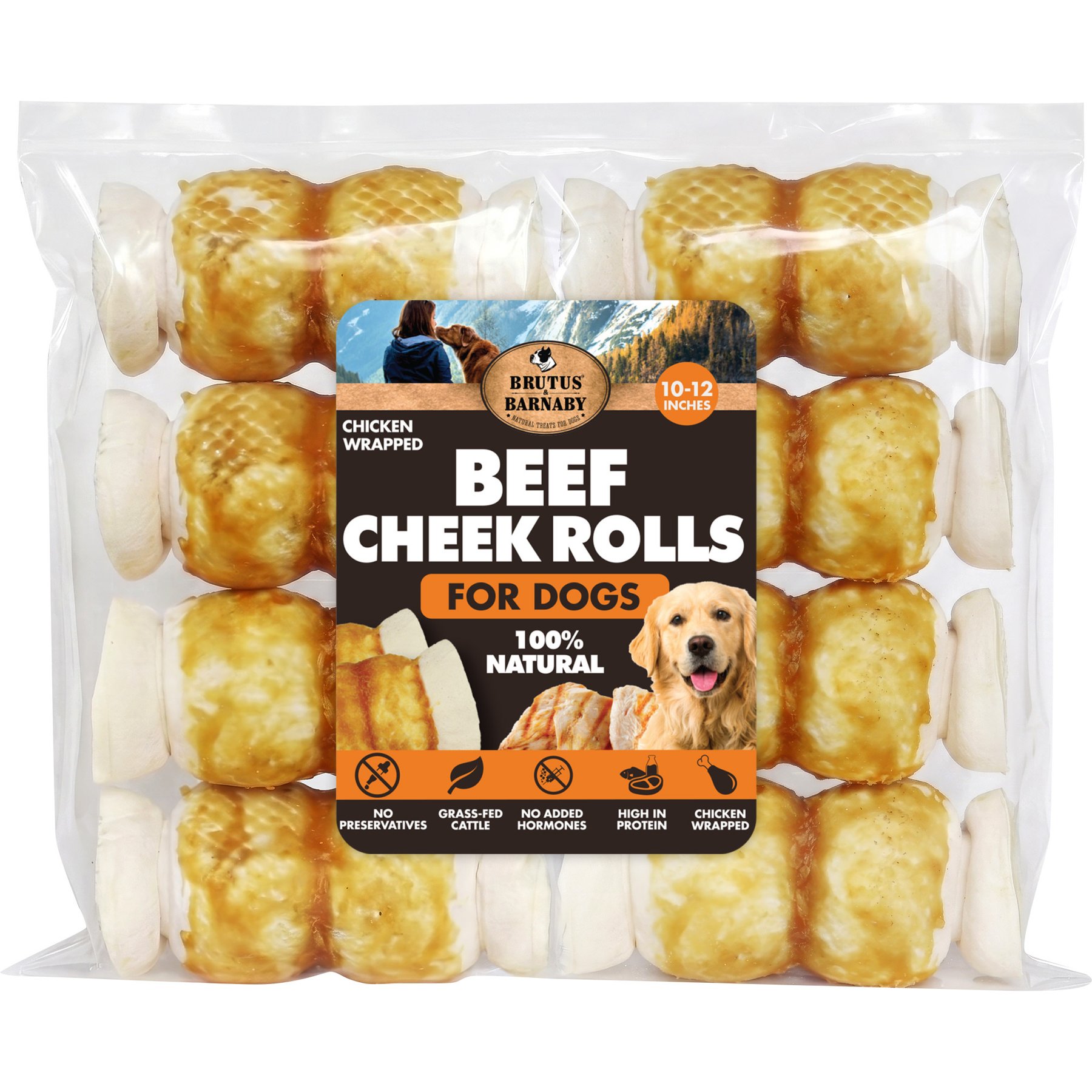 Brutus & Barnaby 10 to 12-in High Protein & Rawhide-Free Thick Chicken Wrapped & Beef Cheek Rolls Natural Dog Chew Treats, 8 count