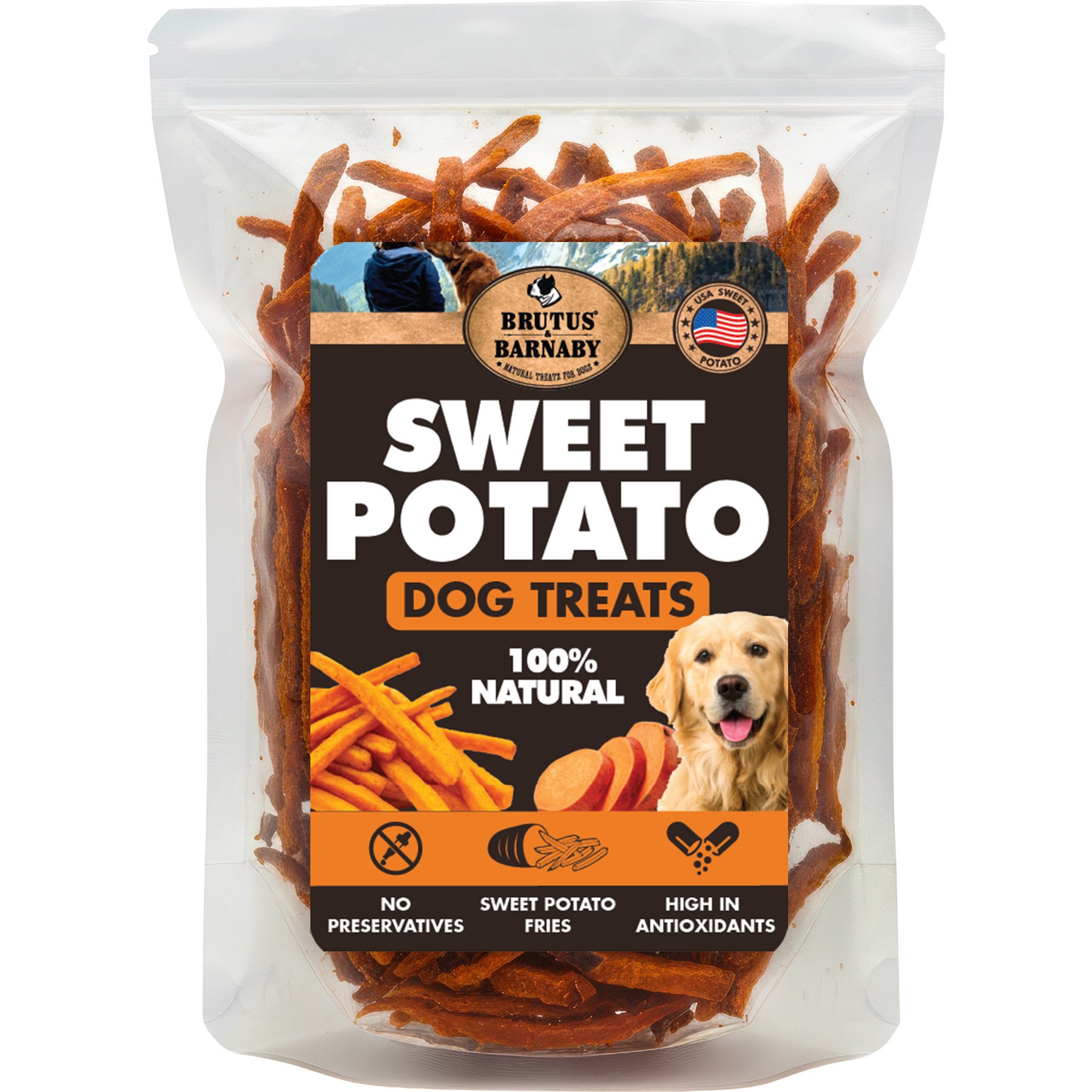 Brutus & Barnaby Single Ingredient Sweet Potato Fries Grain-Free Dehydrated Dog treats, 8-oz bag