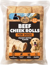 Brutus & Barnaby Rawhide-Free Peanut Butter Flavored Beef Cheek Rolls Long Lasting Dog Chews, 5 to 7-inch, 4 count