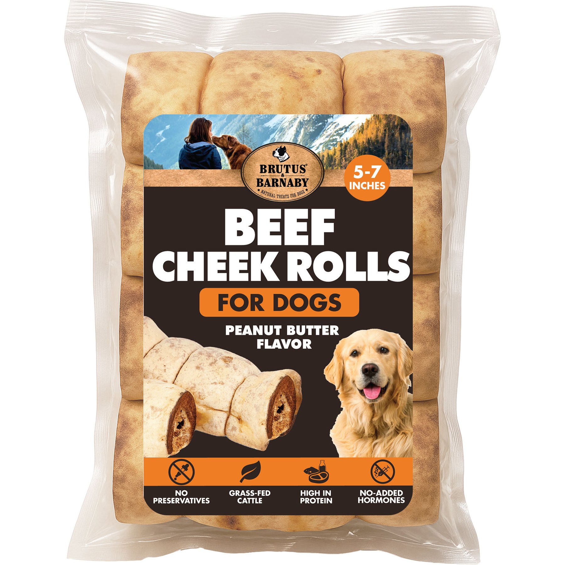 Brutus & Barnaby Rawhide-Free Peanut Butter Flavored Beef Cheek Rolls Long Lasting Dog Chews, 5 to 7-inch, 4 count