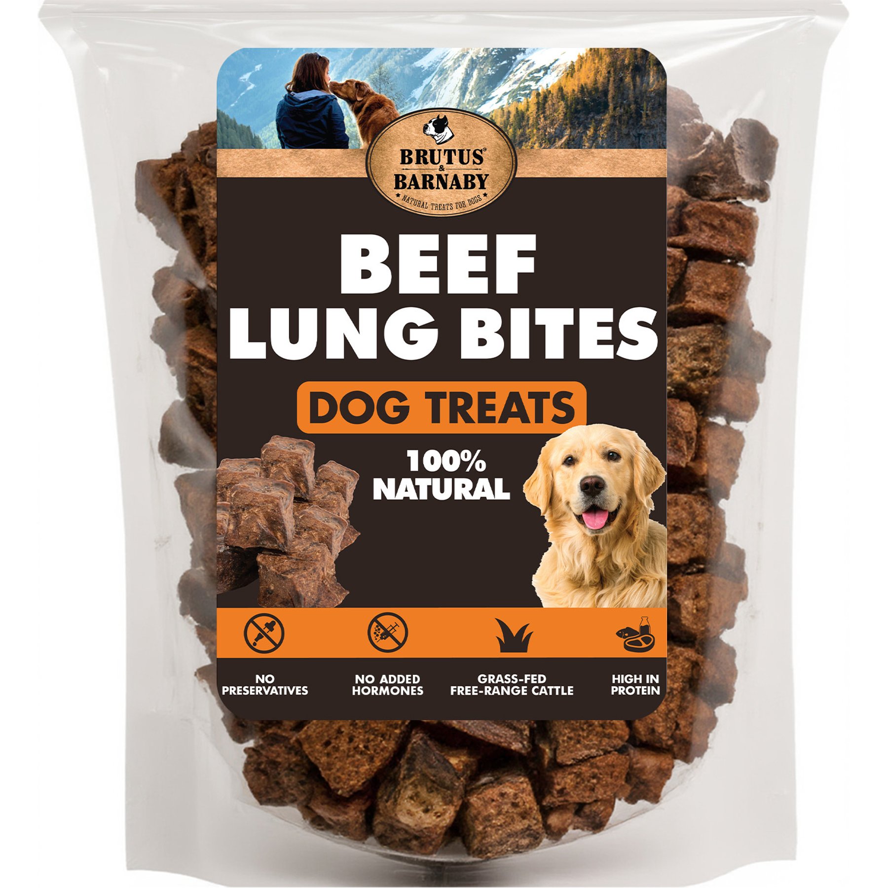 Brutus & Barnaby Single-Ingredient High Protein Beef Lung Bites Dehydrated Dog Treats, 16-oz bag