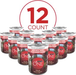Purina ONE SmartBlend True Instinct Tender Cuts in Gravy with Real Beef & Wild-Caught Salmon Canned Dog Food, 13-oz can, case of 12 slide 2 of 9