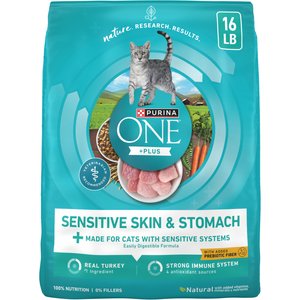 Purina ONE +Plus Sensitive Skin & Stomach Adult Natural Digestive Dry Cat Food, 16-lb bag