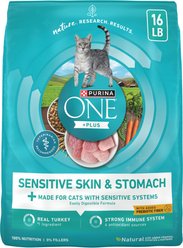 Purina ONE +Plus Sensitive Skin & Stomach Adult Natural Digestive Dry Cat Food, 16-lb bag
