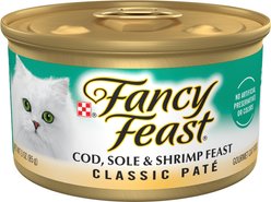 Fancy Feast Classic Pate Cod, Sole & Shrimp Feast Canned Cat Food, 3-oz can, case of 24