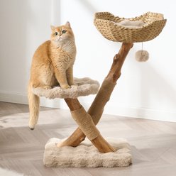 Hittite Aesthetic Natural Wood Hanging Plush Toy 33.5-in Faux Fur Removable Rattan Bed Cat Tree Tower with Branch Style Sisal Scratching Post, Washable Cushion & Perch, Khaki