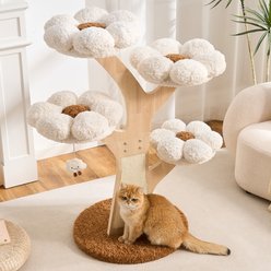 Hittite Wood Sculpted Branch Interactive Squeaky Toy 48-in Flower Faux Fur Removable Bed Cat Tree Tower with Scratching Post, Creamy White slide 2 of 9