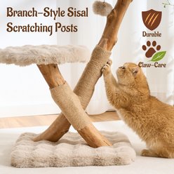 Hittite Aesthetic Natural Wood Hanging Plush Toy 33.5-in Faux Fur Removable Rattan Bed Cat Tree Tower with Branch Style Sisal Scratching Post, Washable Cushion & Perch, Khaki slide 2 of 9