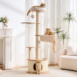 Hittite Indoor Multi-Level Furniture Solid Wood Capsule Nest Interactive Squeaky Toy 64.2-in Corduroy Removable Bed Modern Cat Tree Tower with Condo & Chunky Scratching Post, Natural
