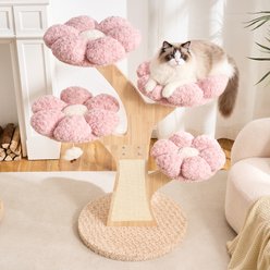 Hittite Wood Sculpted Branch Interactive Squeaky Toy 48-in Flower Faux Fur Removable Bed Cat Tree Tower with Scratching Post, Sakura Pink