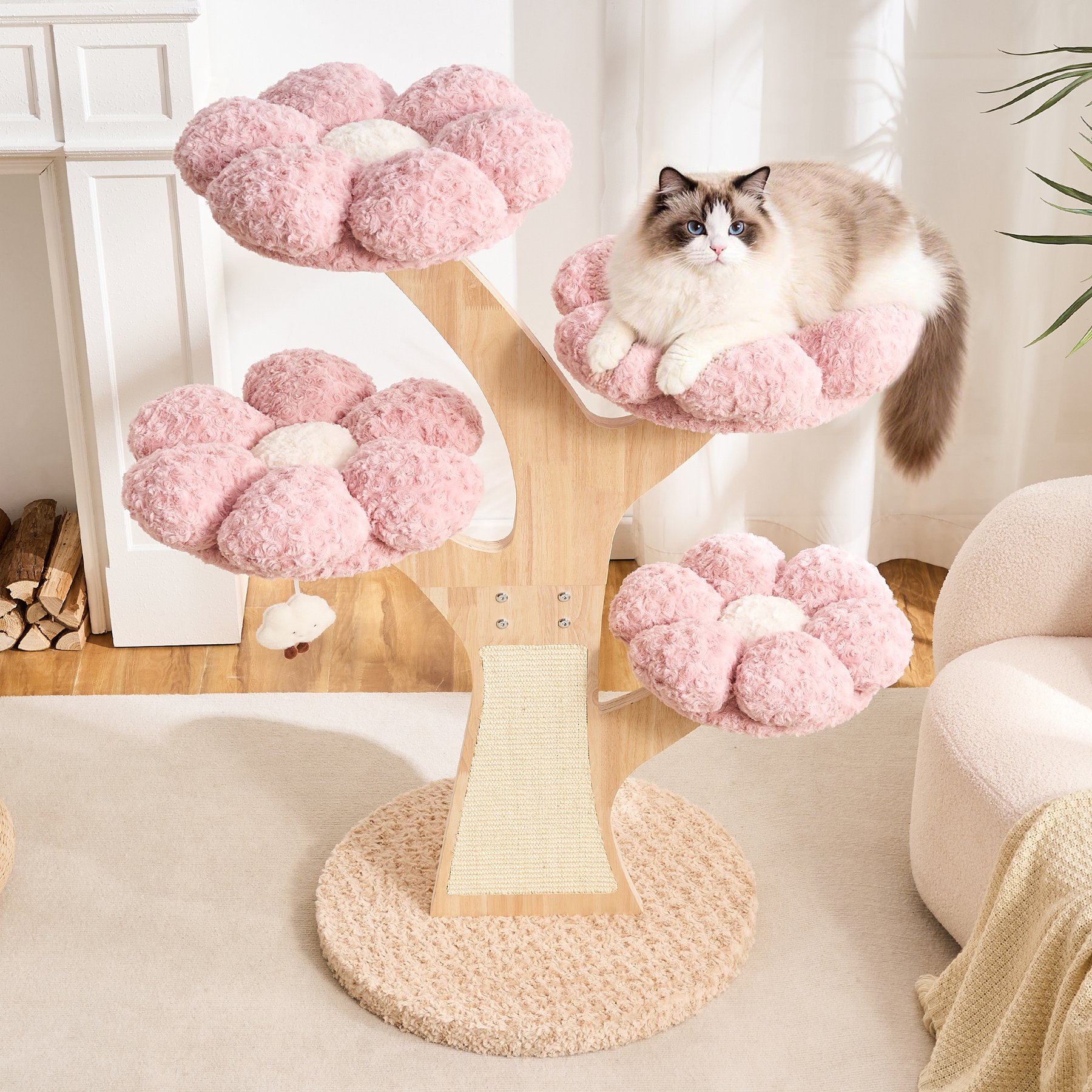 Hittite Wood Sculpted Branch Interactive Squeaky Toy 48-in Flower Faux Fur Removable Bed Cat Tree Tower with Scratching Post, Sakura Pink