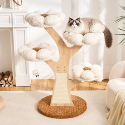 Hittite Wood Sculpted Branch Interactive Squeaky Toy 48-in Flower Faux Fur Removable Bed Cat Tree Tower with Scratching Post, Creamy White