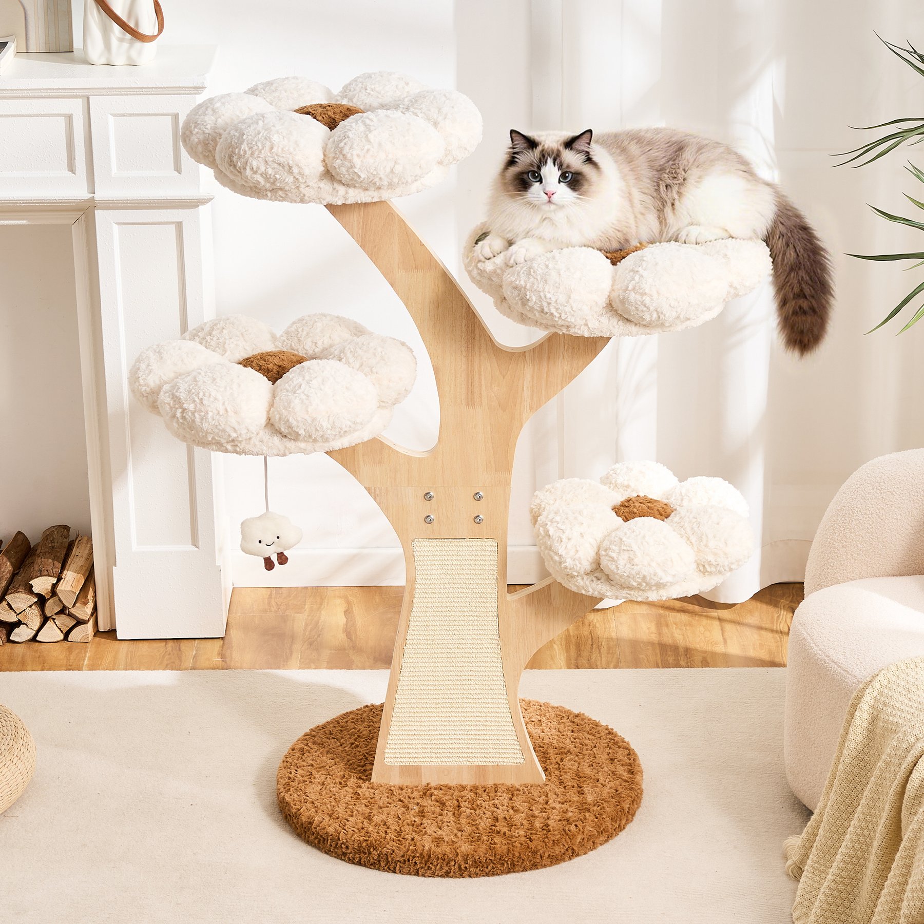 Hittite Wood Sculpted Branch Interactive Squeaky Toy 48-in Flower Faux Fur Removable Bed Cat Tree Tower with Scratching Post, Creamy White