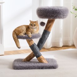 Hittite Modern Indoor Aesthetic Natural Wood Luxury Plush 33-in Faux Fur Removable Bed Cat Tree Tower with Branch Style Scratching Post, Natural Loft, Perch & Hanging Ball, BlackSlate Gray slide 1 of 9